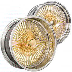 22x8" LA Wire Wheels Staggered Standard/Reverse 150-Spoke Straight Lace American Gold Plating Center with Chrome Lip Rims
