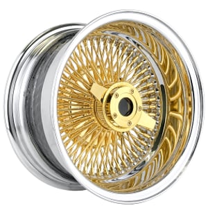 13x7" LA Wire Wheels Reverse 100-Spoke Straight Lace American Gold Triple Plating Center with Chrome Lip with Gold Heavy Duty Knock-Off Rims