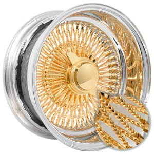 14x7" LA Wire Wheels Reverse Diamond Cut 100-Spoke Straight Lace American Gold Triple Plating Center with Chrome Lip Rims