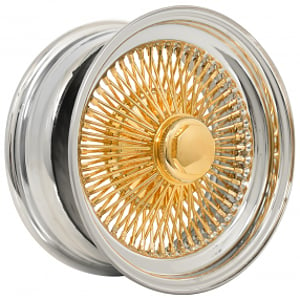 17x8" LA Wire Wheels Standard 100-Spoke Straight Lace American Gold Triple Plating Center Chrome Lip Rims