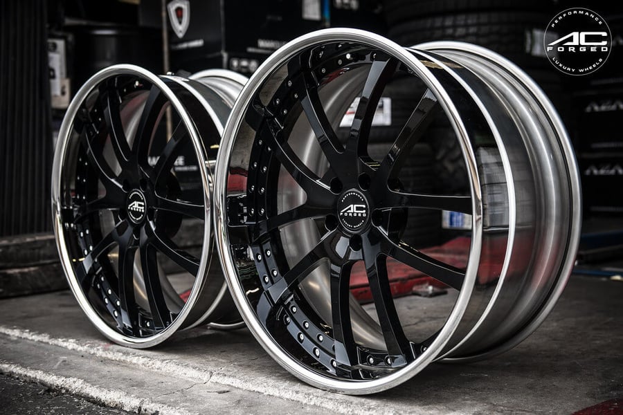 22" Staggered AC Forged Wheels AC F711 Black Face with Chrome Lip Three Piece Rims