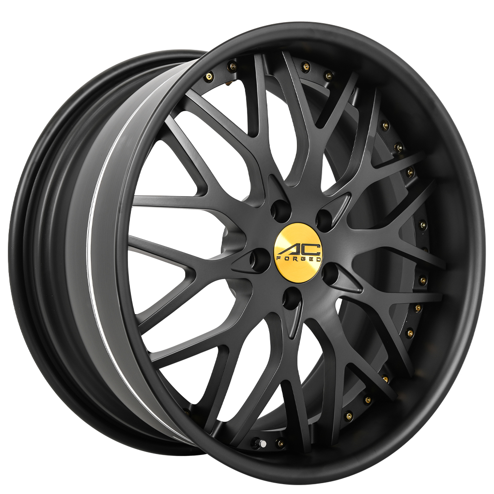 19" AC Forged Wheels ACF701 Matte Black with Gold Center Cap and Hardware Three Piece Rims