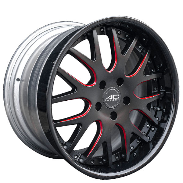 22" AC Forged Wheels ACF709 Matte Black Red Milled with Gloss Black Lip Three Piece Rims