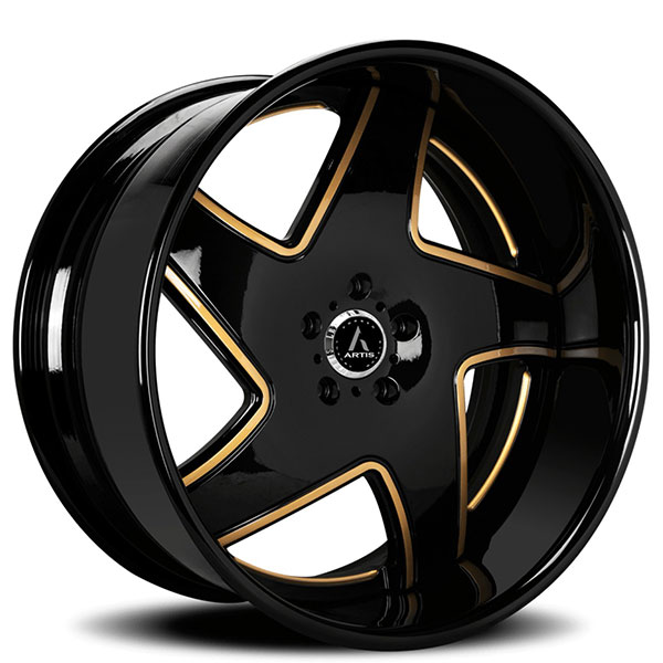 20/21" Artis Forged Wheels Dawn Gloss Black with Gold Accents Face and Black Lip Rims 