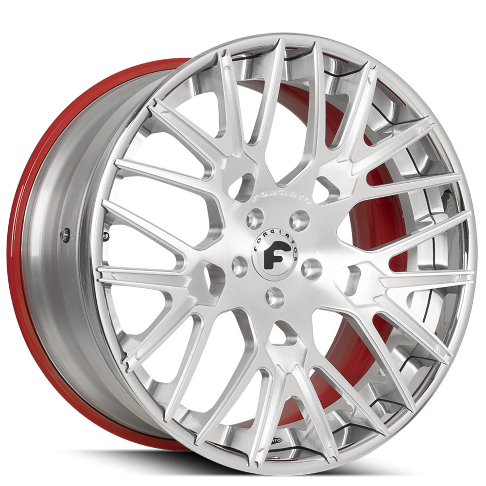 22" Forgiato Wheels Fratello-ECL Brushed Silver Face with Chrome Lip Red Innder Forged Rims 
