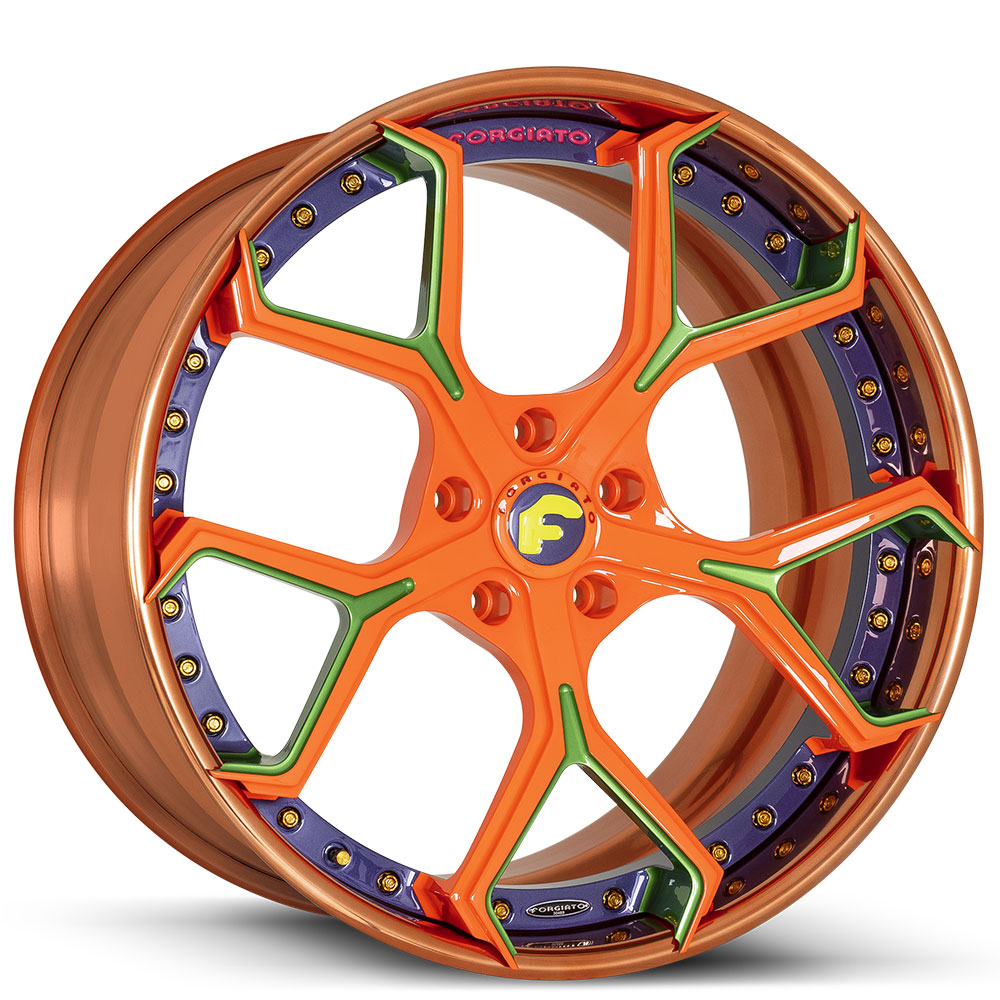 20" Forgiato Wheels Quadri-ECL Vivid Orange Tri-Tone with Copper over and Gold Hardware with Chrome Lip Rims 
