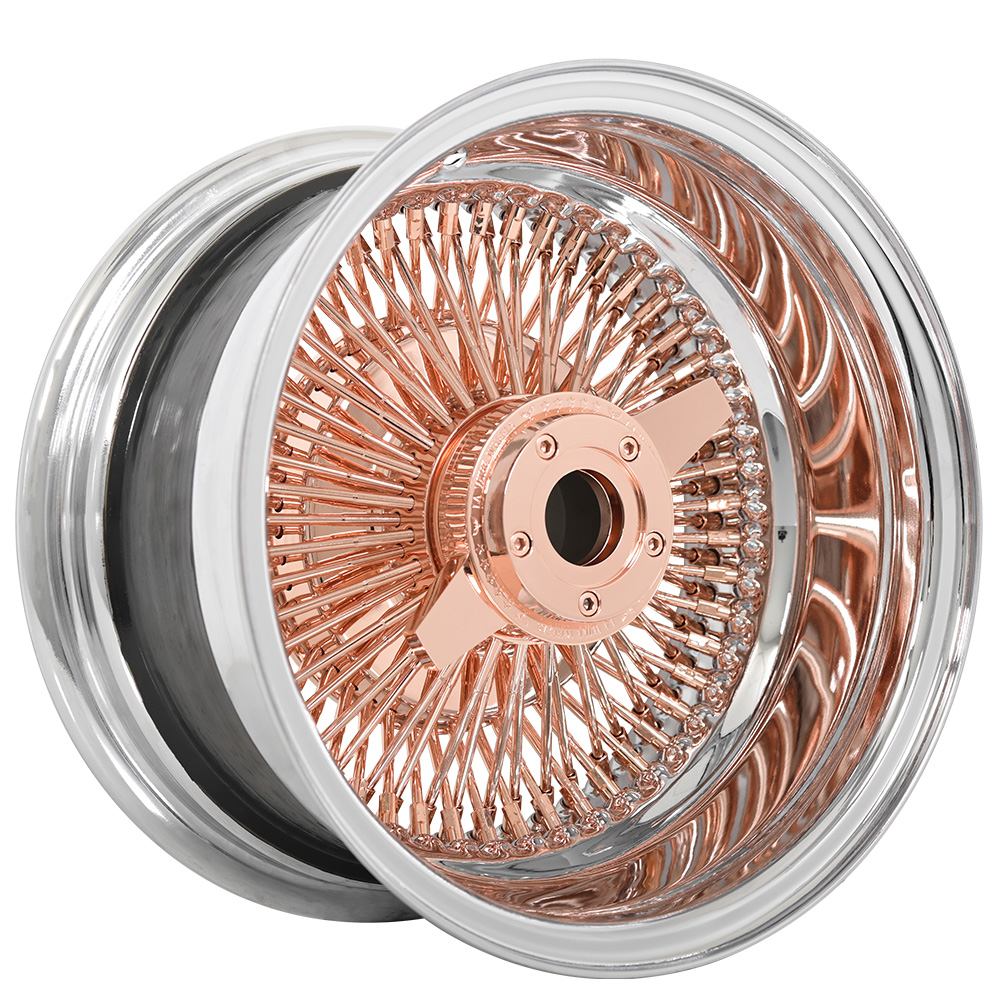 14x6" LA Wire Wheels Reverse 100-Spoke Straight Lace Chrome with Rose Gold Center Heavy Duty Knock-Off Rims