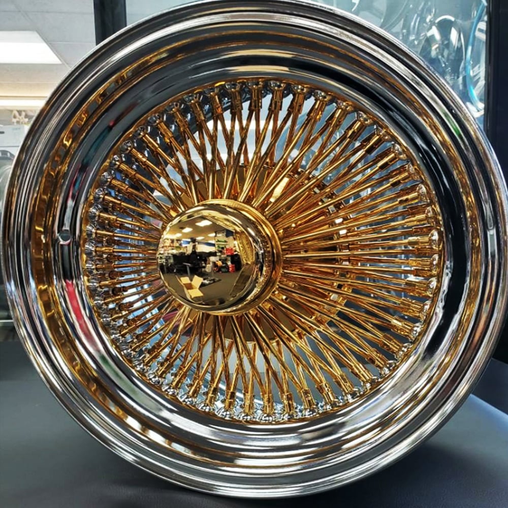 15x7 La Wire Wheels Standard 100 Spoke Straight Lace American Gold Triple Plating Face And 