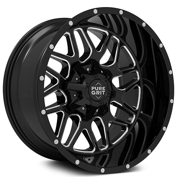 22" Pure Grit Wheels PG102  Drive Gloss Black Milled Off-Road Rims