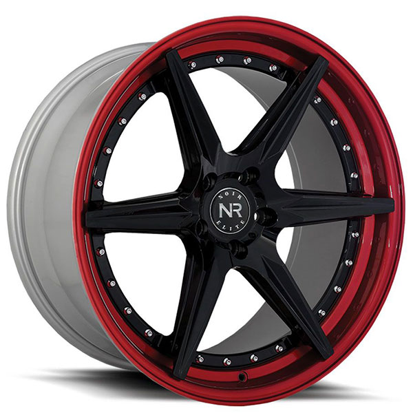 20" Noir Elite Wheels NR104 Gloss Black with Red Lip and Chrome Rivets Rims 