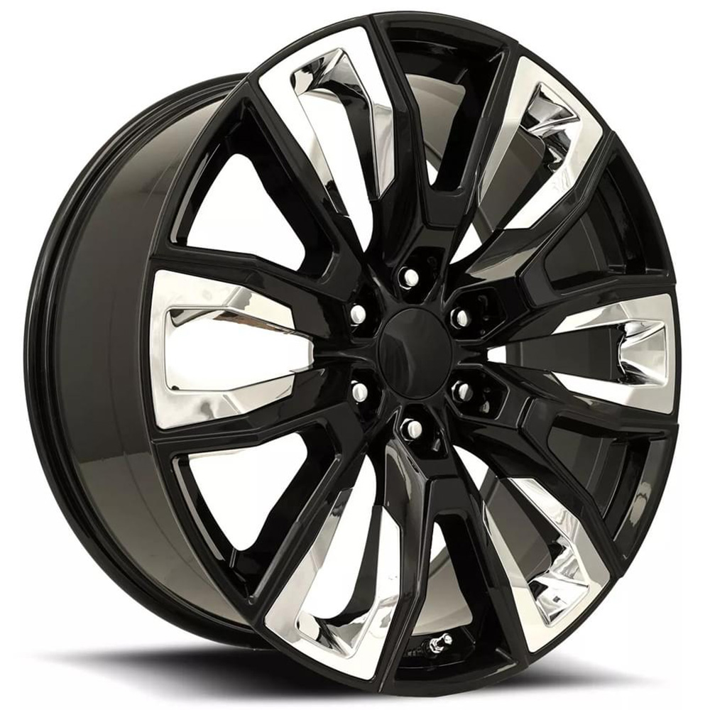 22" GM Split 6 Spoke Wheels FR 207 Gloss Black with Chrome Inserts OEM Replica Rims