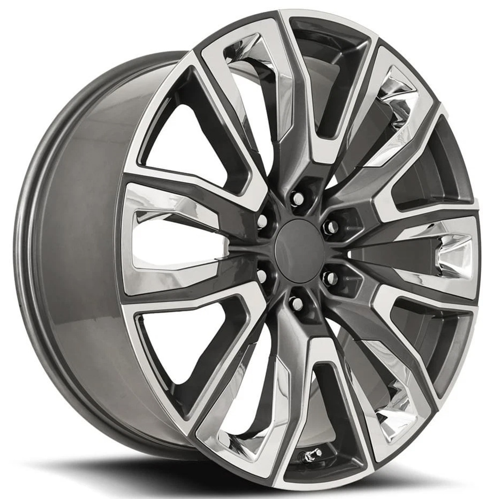 22" GM Split 6 Spoke Wheels FR 207 Grey Machined Face with Chrome Inserts OEM Replica Rims