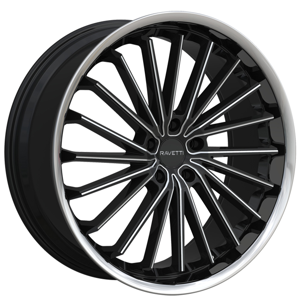 22" Ravetti Wheels M14 Black Milled with Stainless Lip Rims