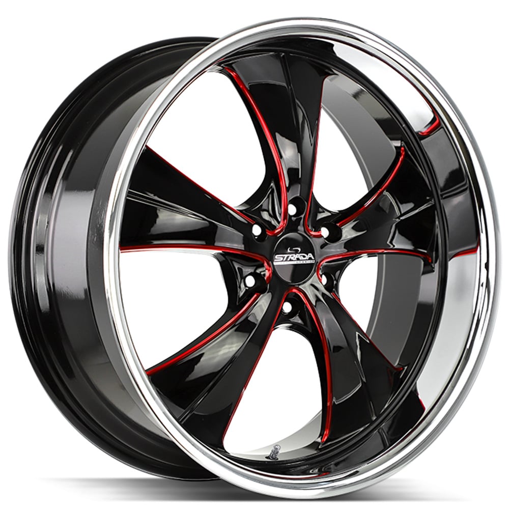 24" Strada Wheels Old Skool Gloss Black with Candy Red Milled and SS Lip Rims