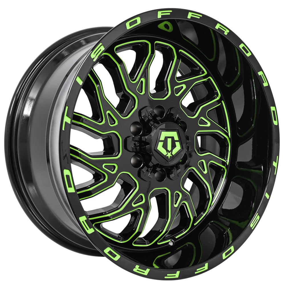 22 Tis Wheels 544bgm Custom Gloss Black With Green Milled Off Road