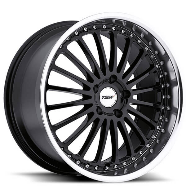 19" Staggered TSW Wheels Silverstone Gloss Black with Mirror Cut Lip