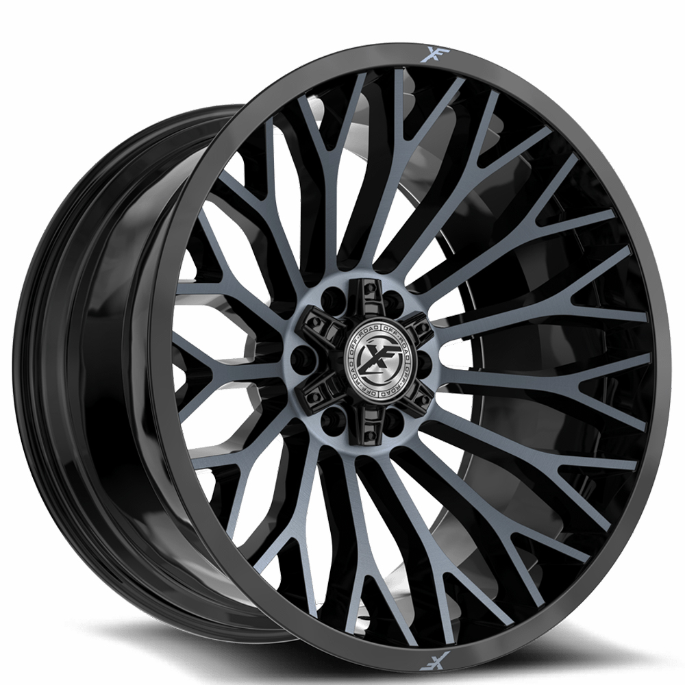 22" XF Off-Road Wheels XF-237 Gloss Black with Titanium Machined Double Tint Rims 