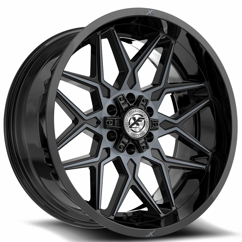 22" XF Off-Road Wheels XF-238 Gloss Black with Titanium Machined Double Tint Rims 