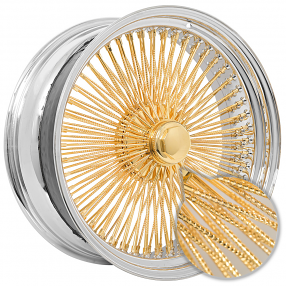 22x8" LA Wire Wheels Standard Diamond Cut 150-Spoke Straight Lace Chrome with American Gold Plating Center Rims