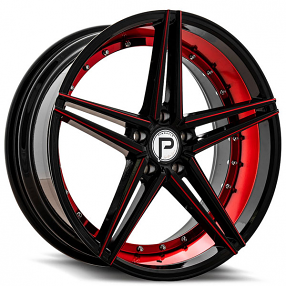 18" Pinnacle Wheels P206 Savage Gloss Black Inner Red Rims