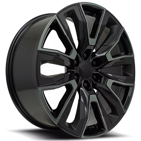 24" GM Split 6 Spoke Wheels FR 207 Gloss Black Machined Face with Dark Clear Coat and Satin Black Inserts OEM Replica Rims