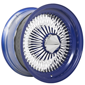 14x7" LA Wire Wheels Standard 100-Spoke Straight Lace Candy Blue with White Spokes and Chrome Accents Rims 